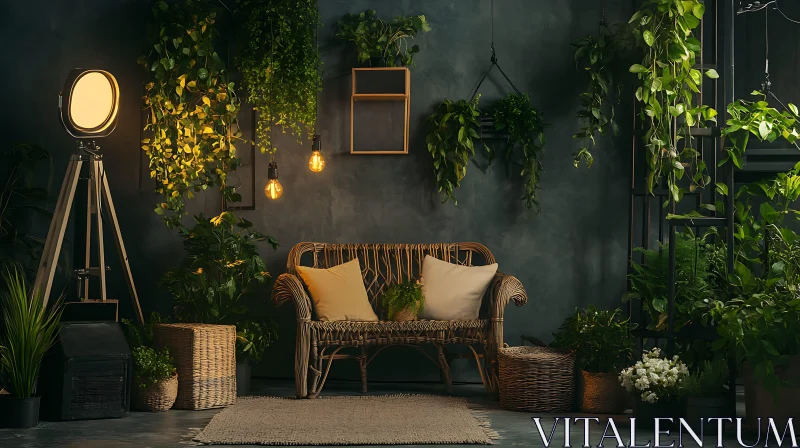 AI ART Indoor Garden Retreat with Wicker Sofa