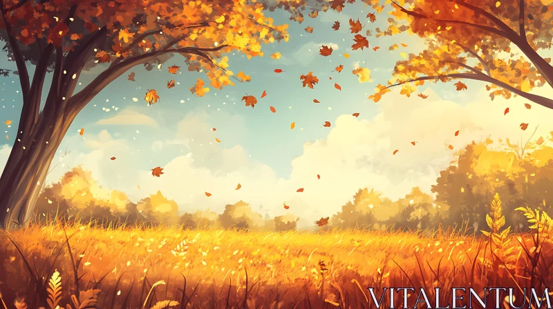 AI ART Autumnal Field with Trees and Falling Leaves