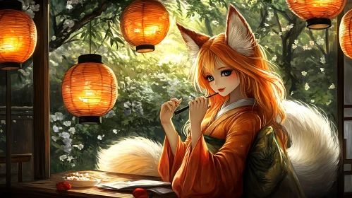 Anime Fox Girl in Kimono with Lanterns