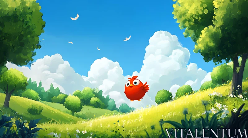 Cartoon Bird Soaring in a Sunny Landscape AI Image