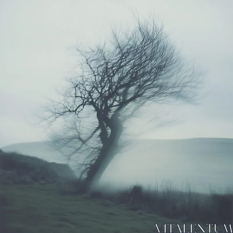 Lonely Tree in Foggy Ambiance AI Image