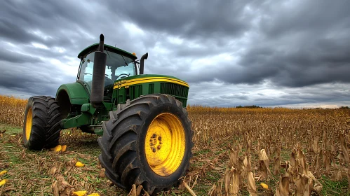 Green Tractor in Harvested Field