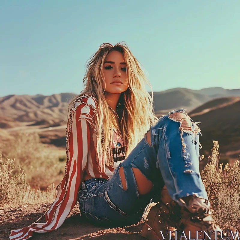 Blonde Woman Relaxing in Desert Landscape AI Image