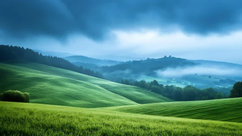 Misty Green Hills Landscape