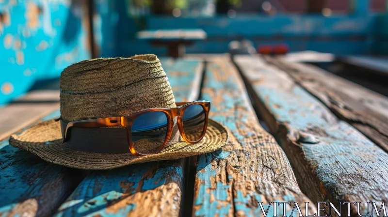 Close-Up of Straw Hat and Sunglasses on Wooden Bench AI Image