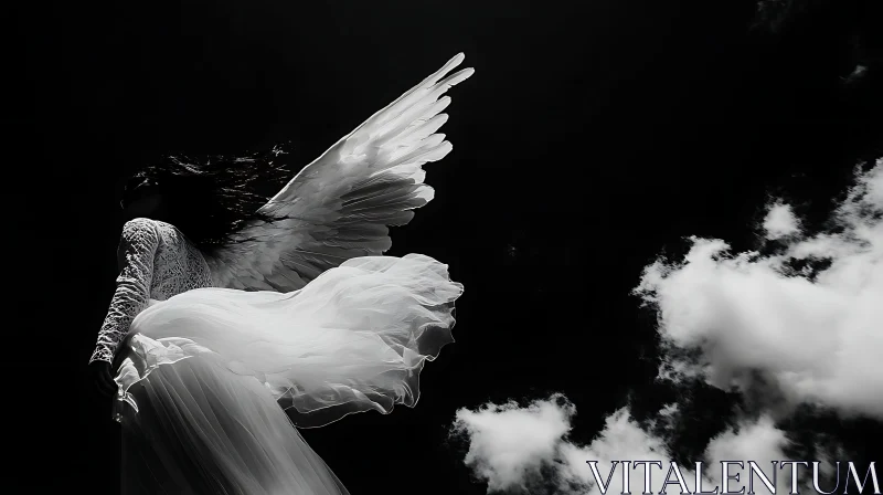 Monochrome Angel with Wings in the Sky AI Image