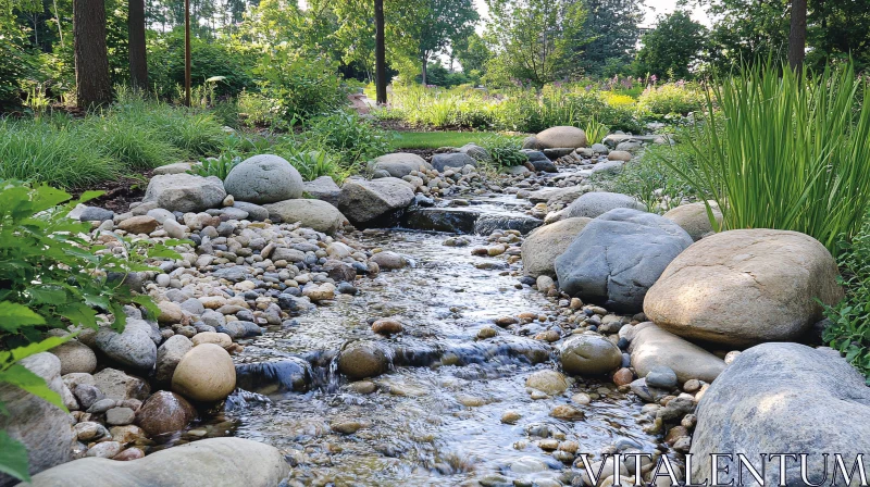 AI ART Tranquil Stream with Rocks in Natural Landscape