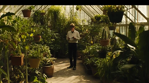 Serene Reader in a Plant-Filled Greenhouse