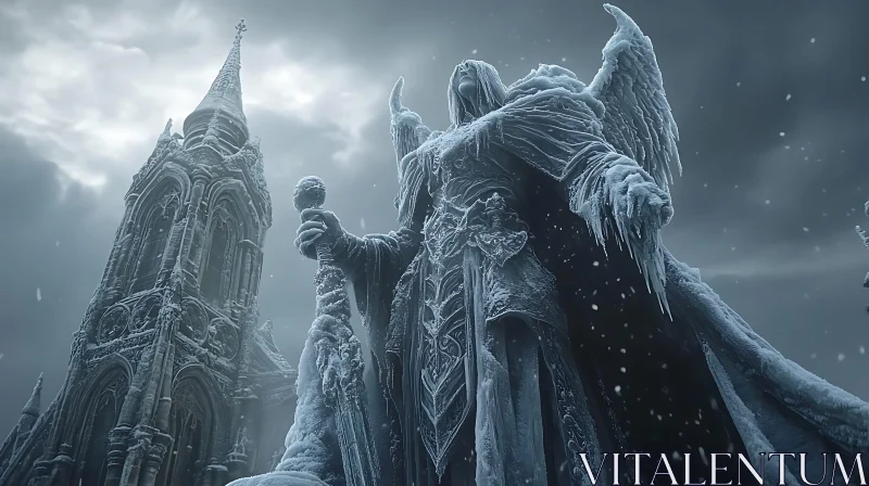 AI ART Icy Angel and Gothic Spire in Winter