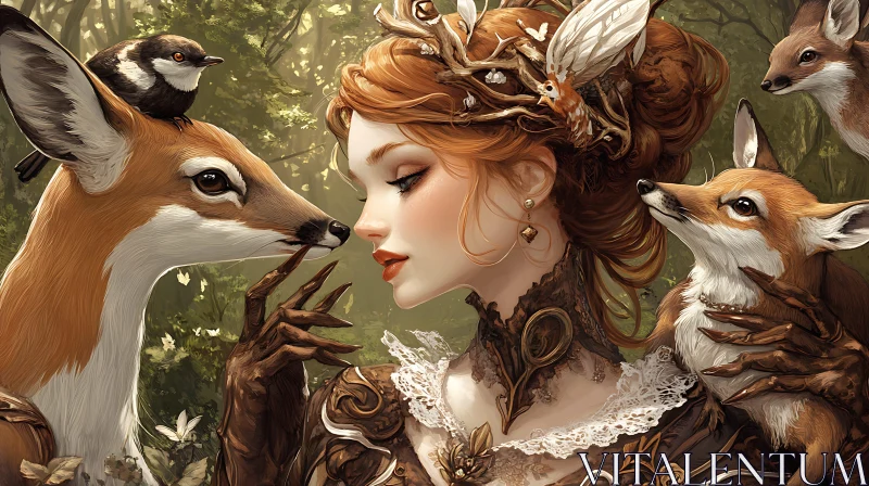 Forest Queen Portrait with Fox and Bird AI Image