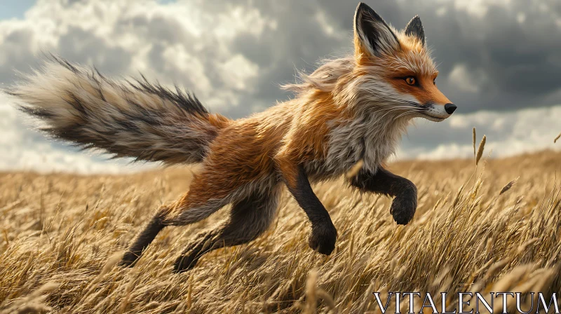 AI ART Fox Leaping in Field Under Cloudy Sky