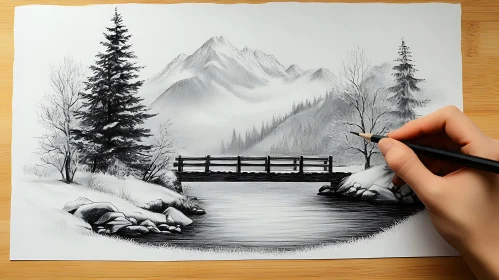 Tranquil Snowy Mountains with Bridge Artwork