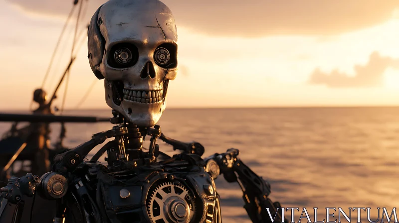 Cyborg on a Ship During Golden Hour AI Image