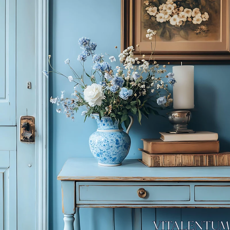 Blue Floral Arrangement on Antique Table AI Image