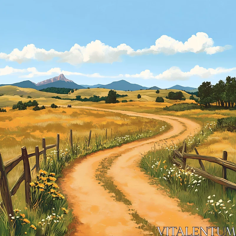 AI ART Rural Landscape with Dirt Road and Mountains