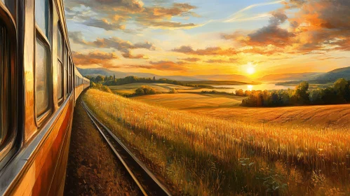 Train Through Golden Fields at Sunset