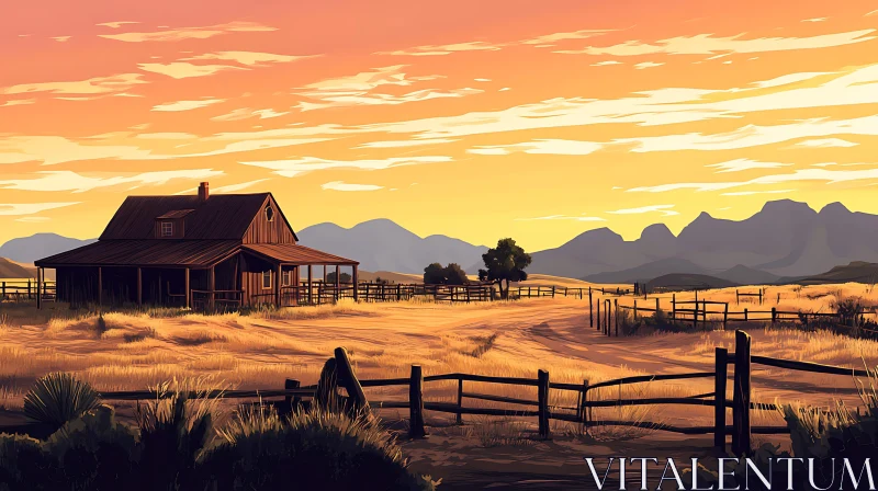 Sunset Over Old Farmhouse Landscape AI Image