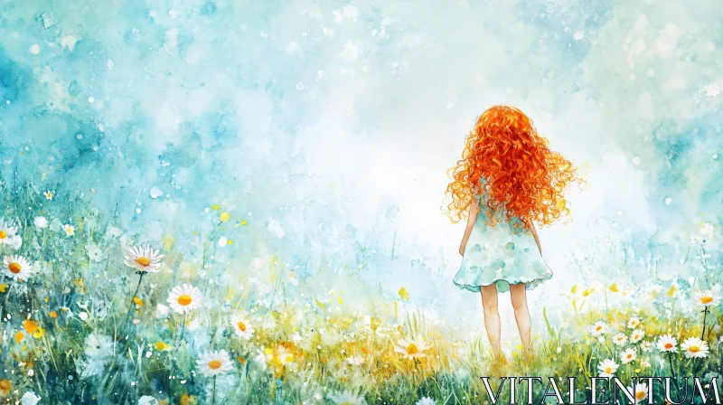 AI ART Redhead Girl in Flower Meadow Artwork