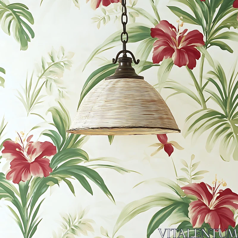 AI ART Floral Wallpaper and Woven Lamp Interior