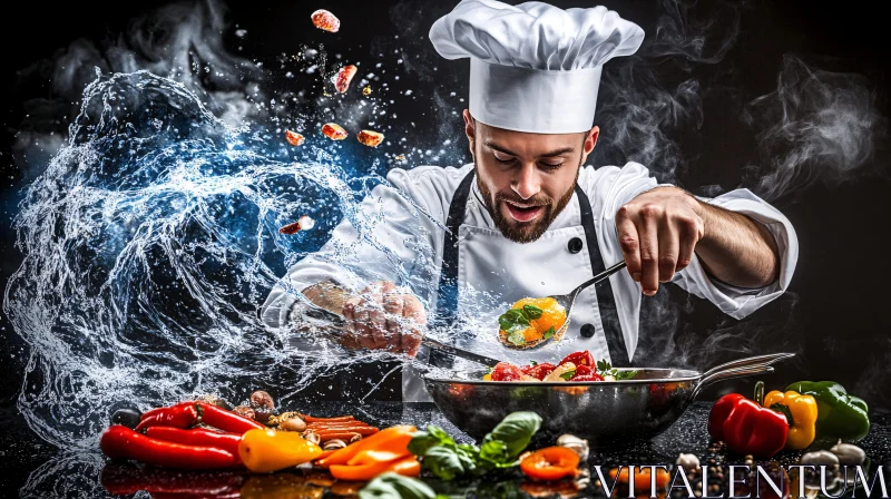 Energetic Culinary Creation by Chef with Fresh Ingredients AI Image