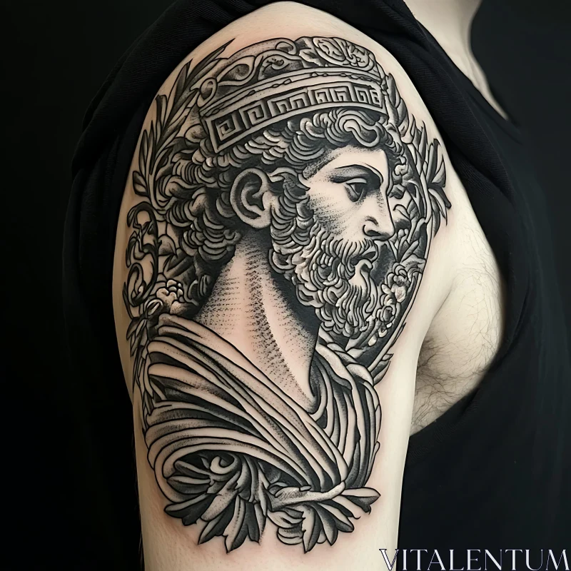 Intricate Black and Grey Greek Portrait Tattoo AI Image