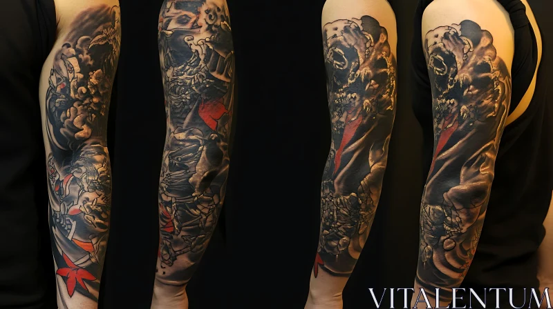 Detailed Full Arm Sleeve Tattoo with Dark and Red Accents AI Image