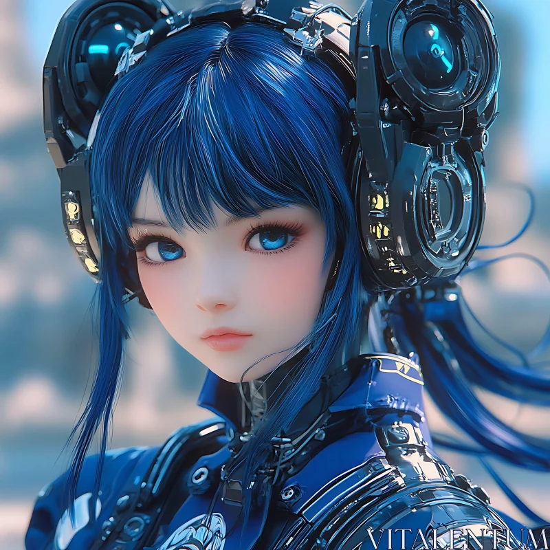 Futuristic Anime Cyborg with Blue Hair AI Image