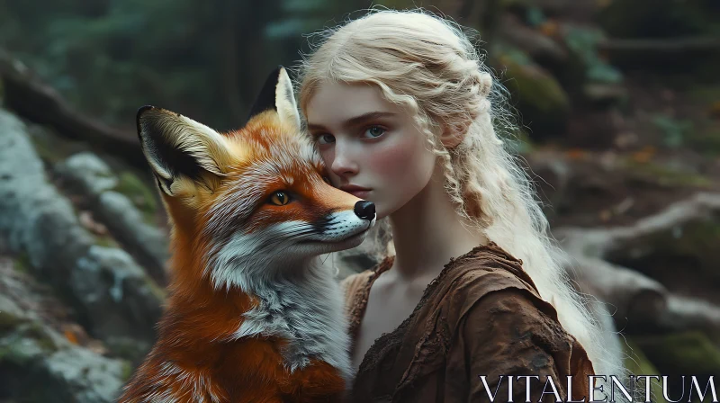 Blonde Woman with Fox in Forest AI Image