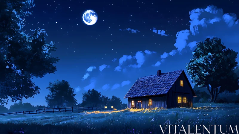 Night Scene With House and Moon AI Image