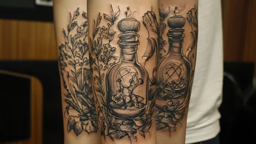 Ornate Potion Bottle and Foliage Tattoo Design