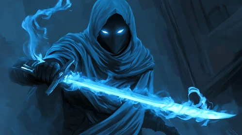 Enigmatic Hooded Figure with Spectral Blade