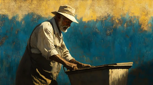 Elderly Man in Work Clothes Painting