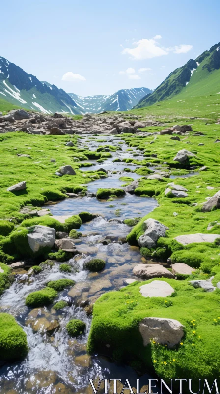 Serene Pastoral Scene: A Stream Flowing Through Majestic Mountains AI Image