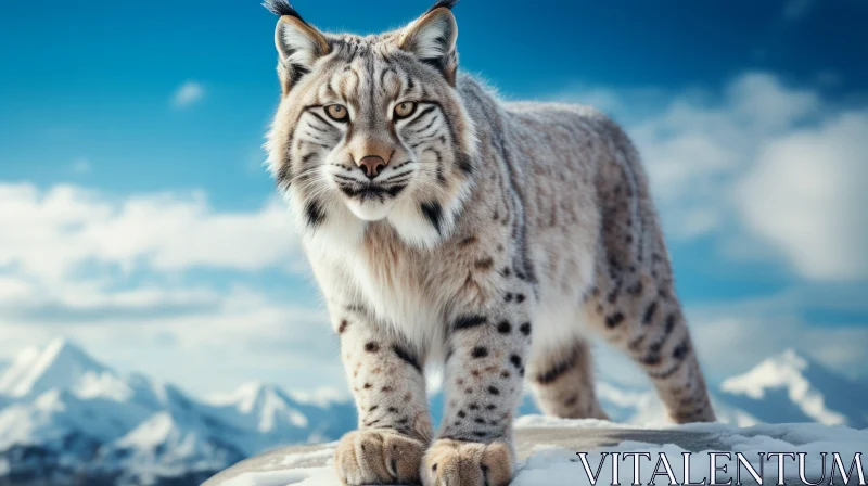 Snowy Lynx Portraiture with Mountainous Landscape AI Image