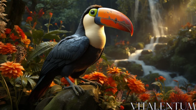 AI ART Toucan Amidst Forest Waterfall - A High-quality Game Engine Illustration