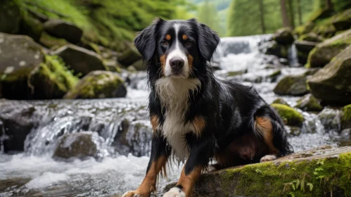 Tranquil Scene of Bernese Mountain Dog on Stream Rocks