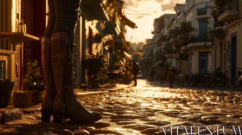 AI ART Woman in Brown Leather Cowboy Boots on Cobblestone Street
