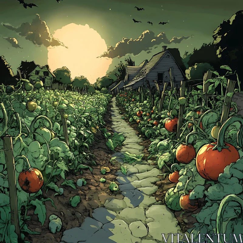 Night Garden with Pumpkins and Tomatoes AI Image