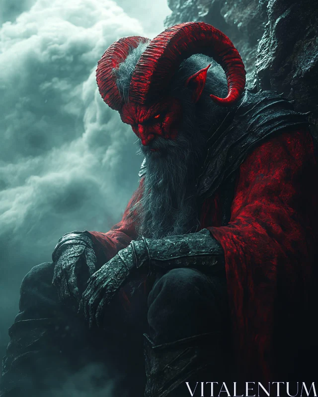 AI ART Red-Skinned Horned Demon Contemplating in Gloom