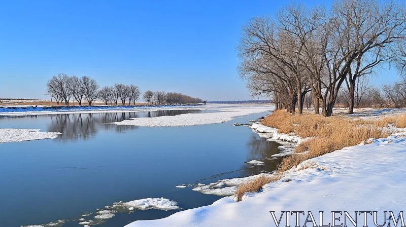 AI ART Calm Winter River Scene with Snow-Covered Banks