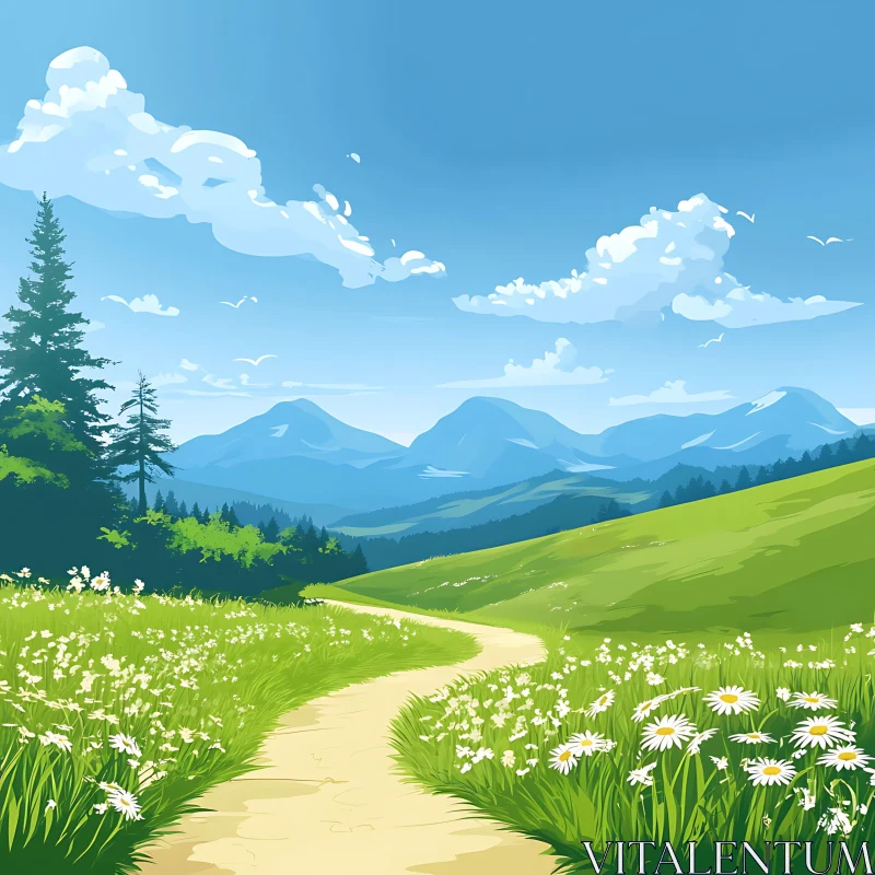 AI ART Tranquil Mountain Landscape with Flower Meadow