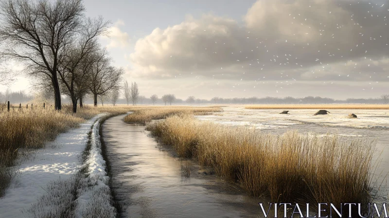 AI ART Winter Marshland with Frozen River and Bare Trees