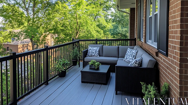 Comfortable Outdoor Living Space with Green View AI Image