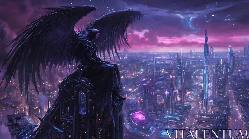 AI ART Night Watch: Angel in the Cyberpunk City