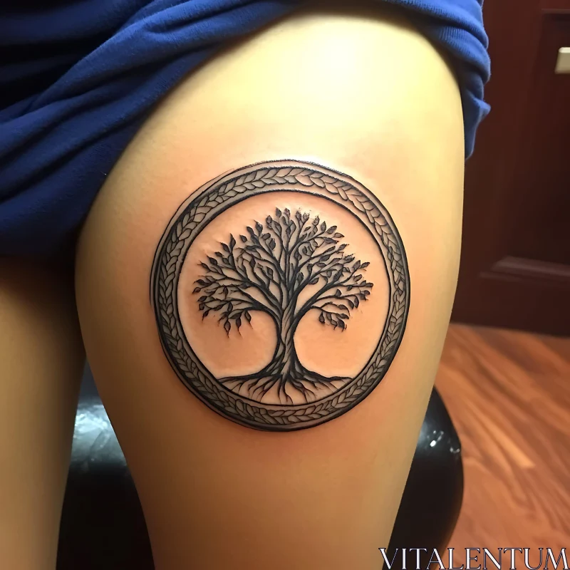 Detailed Tree Tattoo in Circular Design AI Image