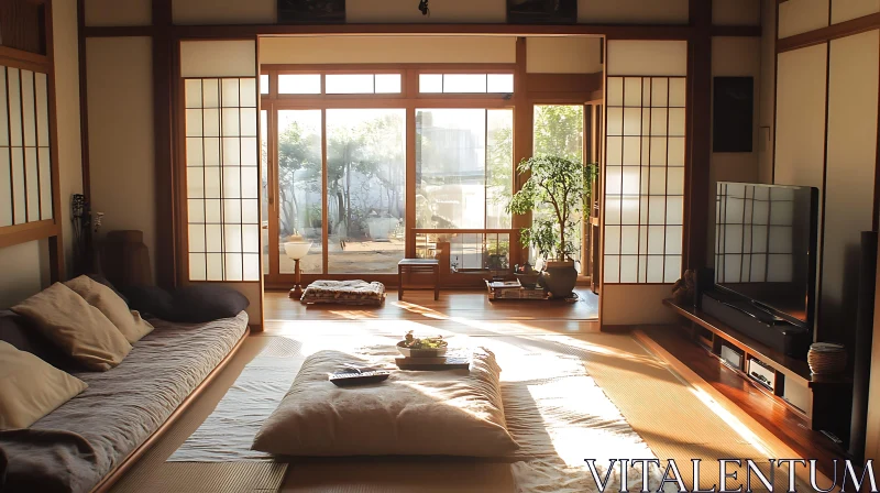 Sunlit Zen Interior with Tatami Mats AI Image