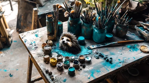 Whimsical Hedgehog Art Studio Scene