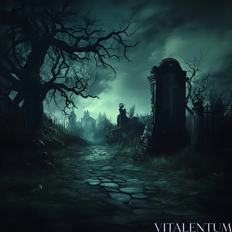 AI ART Mysterious Graveyard Path in the Night