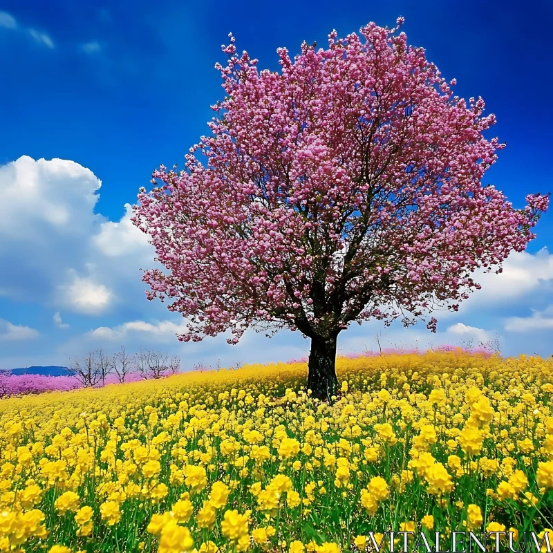 AI ART Blooming Tree Overlooking Flower Meadow