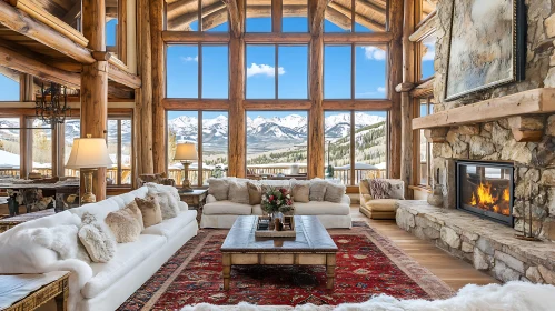 Cozy Interior with Fireplace and Mountain Scenery